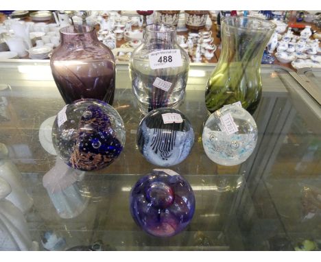 Three Caithness studio glass vases together with four Caithness paperweights 