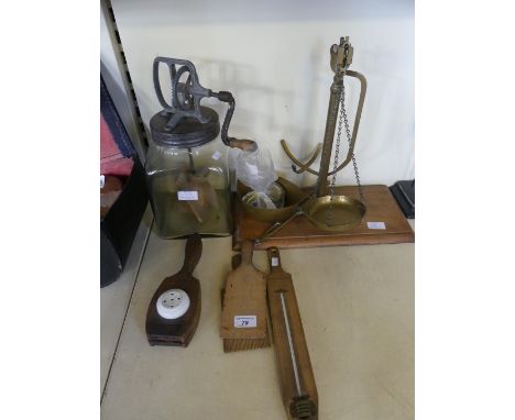 A set of brass balance scales together with a small quantity of kitchenalia items to include butter churn, a hanging wall bar