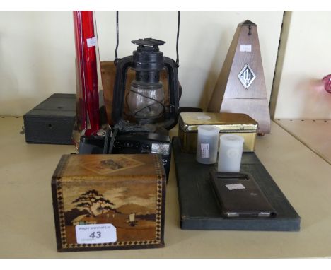 A mixed lot comprising 20th Century wooden cased metronome, a boxed Brownie camera, art glass vase and other mixed wares.