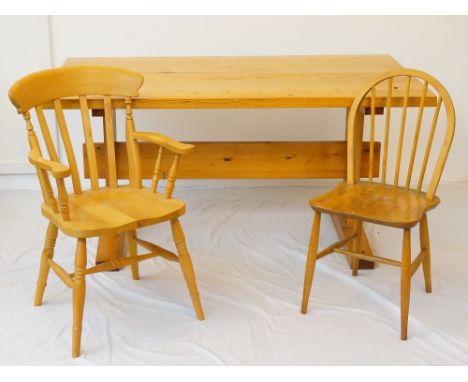 PINE FARMHOUSE KITCHEN TABLE
standing on pillar supports united by a stretcher, 153.5cm long; together with four hoop and sti