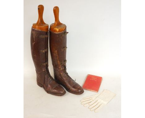 PAIR OF 1930's BRITISH ARMY OFFICER'S HIGH BROWN LEATHER BOOTS
with lace and buckle strap fronts and period four-piece wooden