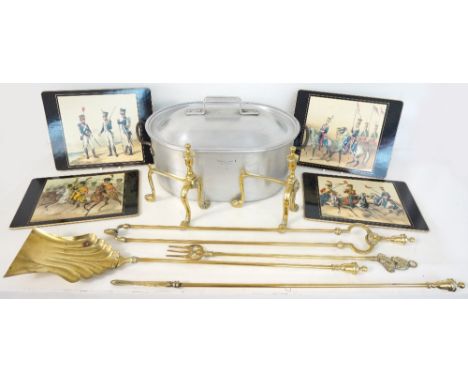 SELECTION OF BRASS FIRE TOOLS
comprising a pair of fire dogs, pair of tongs, a shovel, a poker and a toasting fork, together 