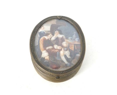 19th CENTURY CONTINENTAL OVAL TRINKET BOX
the hinged glass cover with inset handpainted ivory panel depicting figures in tave