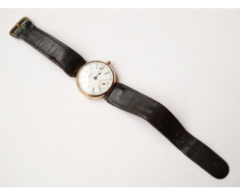 LATE 19th CENTURY WALTHAM GOLD PLATED WRISTWATCH
with black Roman and Arabic numerals and subsidiary dial on white enamel, th