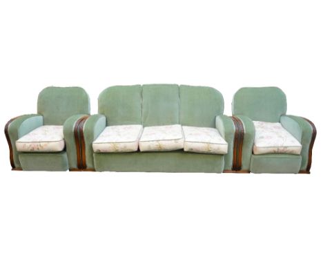 ART DECO THREE PIECE SUITE
comprising a three seat sofa (173cm wide) and two armchairs, all with shaped backs and arms, with 