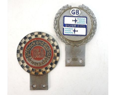 TWO VINTAGE CAR BADGES
'R&B giffnock and district drivers club' and 'GB Silver City' (Airways) by J.R.Gaunt London, both appr