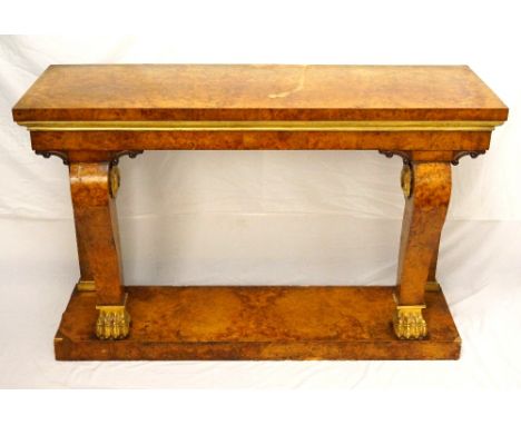 19th CENTURY BURR ELM CONSOLE TABLE
with a rectangular top above a moulded gilt wood frieze, standing on squared rear support