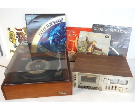 1970's 'GARRARD DYNATRON' RECORD PLAYER
with a period Hitachi stereo cassette deck, and a selection of LP vinyl records