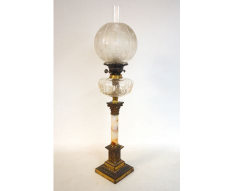 VICTORIAN CORINTHIAN COLUMN OIL LAMP
raised on a square gilt metal base and marble column, below a cut glass reservoir and et