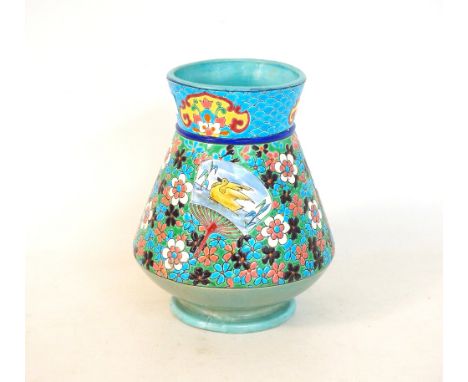 COLOURFUL ENAMEL DECORATED VASE
with floral and bird decoration, probably Longwy, 21.5cm high
