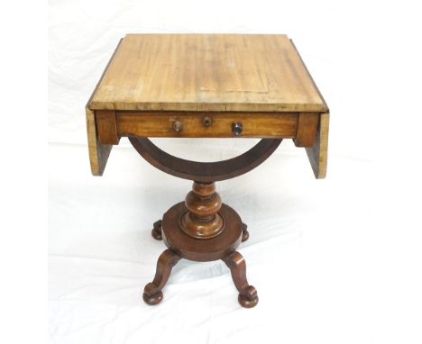 WILLIAM IV MAHOGANY SMALL SOFA TABLE
the square top with shaped flaps above a frieze drawer with turned handles and opposing 