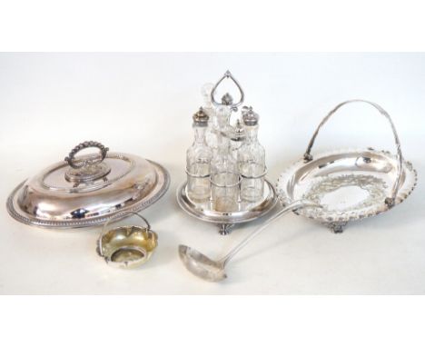 SILVER PLATED CRUET SET
comprising five cut glass bottles for oil, vinegar, salt, pepper and mustard, contained in a circular