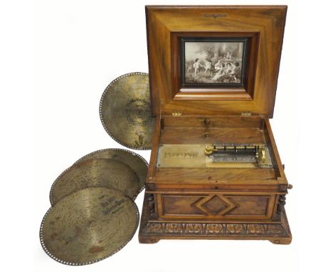 19th CENTURY WALNUT CASED POLYPHON
the floral inlaid hinged lid with shaped and carved detail lifting to reveal the disc play