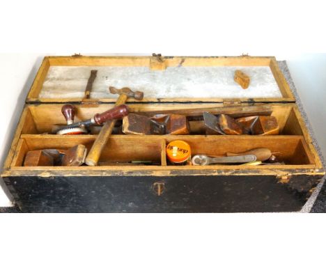 PAINTED PINE TOOL BOX
with a divided interior containing planes, bradels, hammer, chisels, drill, spanners and other hand too
