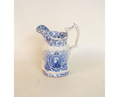 VICTORIAN BLUE AND WHITE COMMEMORATIVE POTTERY JUG
depicting a portrait of Wellington and his Peninsular War and Waterloo bat