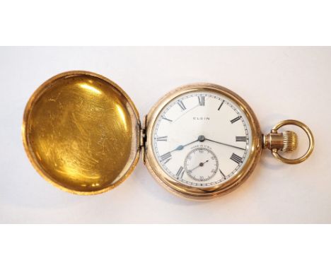ELGIN ROLLED GOLD HUNTER POCKET WATCH
the white enamel dial with Roman numerals and subsidiary seconds dial