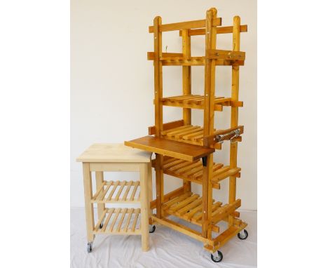 OAK KITCHEN TROLLEY
with a block top above two slatted shelves, standing on castors and blocks, 85.5cm high; together with a 