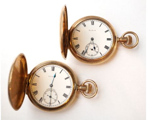 TWO 'ELGIN' GOLD PLATED POCKET WATCHES
with top winders, black Roman numerals and subsidiary dials on white enamel