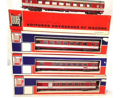 Four Jouef continental Red/Silver coaches two 5341, 5342, 5343, in very good condition, boxes fair. P&amp;P Group 2 (£18+VAT 