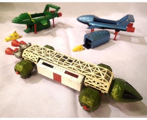 Dinky Toys Thunderbird 2 with Thunderbird 4 (black plastic and legs release missing on one side, chips/ rubs etc) an Eagle tr