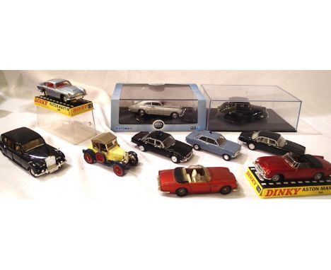 Selection of approximately 1/43 scale cars, including Dinky Toys D.B.6., D.B.5., Rolls Phantom, Morris Oxford plus Vanguards,