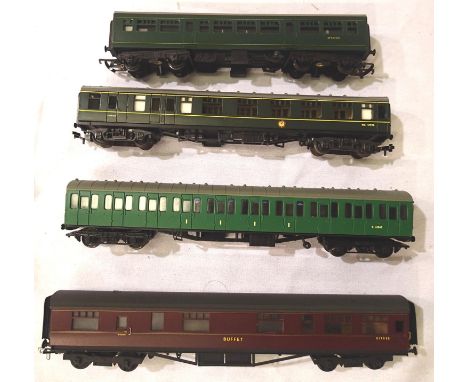 Four OO scale coaches, including replica Green Suburban, two D.M.U. centre coaches, Buffet coach, mostly in good condition, m