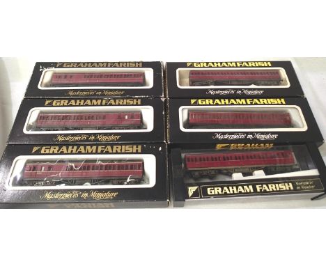 Six Farish N Gauge Maroon BR Suburban coaches, in very good condition, boxed. P&amp;P Group 1 (£14+VAT for the first lot and 