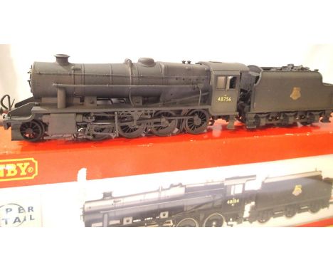 Hornby 8f, 48756, fitted with kit built white metal fender, Black, Early Crest, weathered in very good  condition, wrong box.