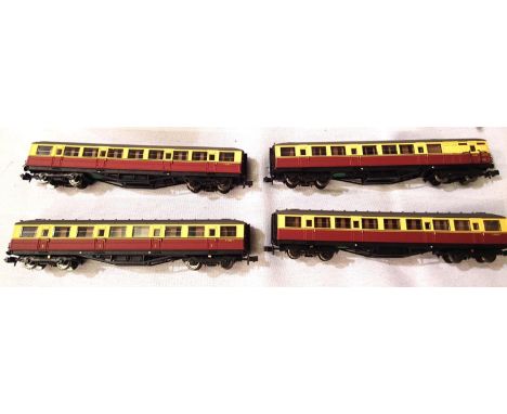 Four N Gauge Carmine/Cream coaches with lights, ex Flying Scotsman set, in excellent condition, Dapol boxes. P&amp;P Group 1 