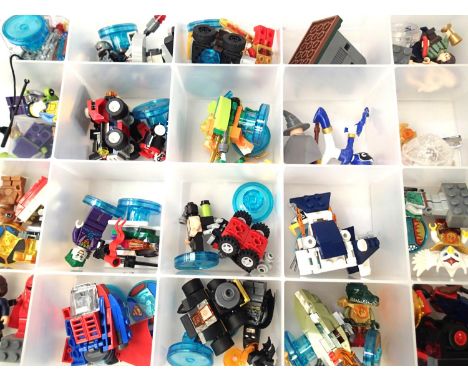 Storage box containing Dimensions, minifigures, small vehicles, parts etc. P&amp;P Group 1 (£14+VAT for the first lot and £1+