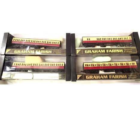 Four Farish Blood/Custard Suburban coaches. in very good condition, boxed. P&amp;P Group 1 (£14+VAT for the first lot and £1+
