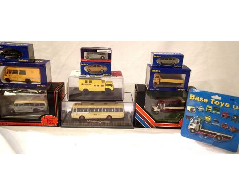 Eleven OO scale vehicles, buses, trucks, vans, cars, from Base Toys, E.F.E., Corgi OOC, Bachmann, mostly in excellent conditi