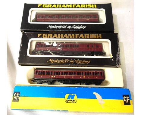 Three Farish N Gauge Maroon L.M.S. Suburban coaches in very good condition, boxed. P&amp;P Group 1 (£14+VAT for the first lot