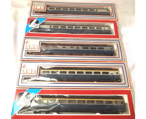 Five Lima OO scale Blue/Grey  Intercity coaches, including Buffet 125, mostly in excellent condition, boxes good. P&amp;P Gro