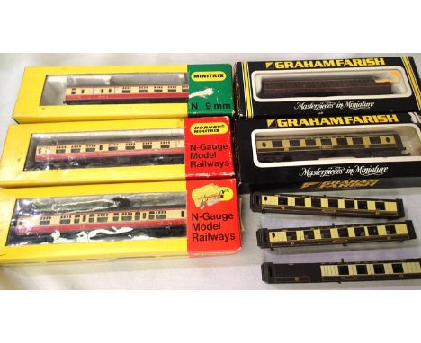 Five N Gauge coaches, three Blood/Custard, Pullman and BR Maroon, plus two Pullman body shells, mostly good, wrong boxes. P&a