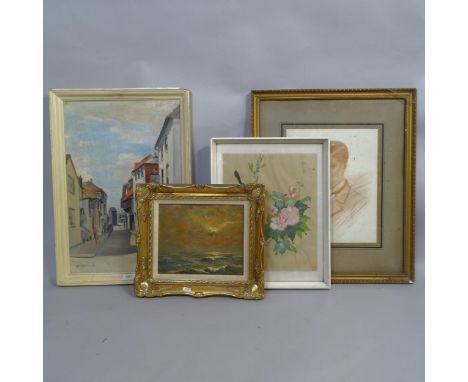 Holland, oil on board "The Horses Nosebag" All Saints Street Hastings, 63cm x 44cm overall, framed, a sanguine sketch, portra