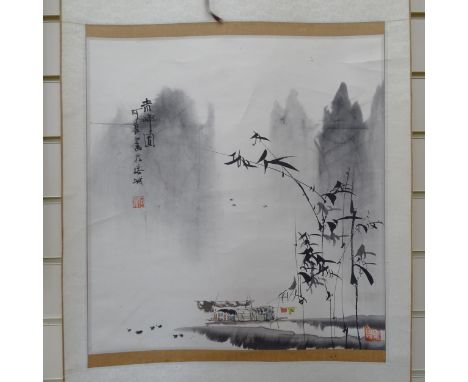 Chinese School, scroll painting, boat and bamboo, signed with chop, image 50cm x 48cmImage has 2 small fox marks in the sky, 