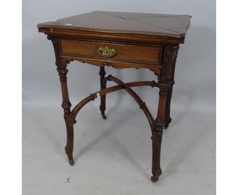 A reproduction mahogany envelope card table, with single frieze drawer and cross stretcher, 59 extending to 82 x 78cm 