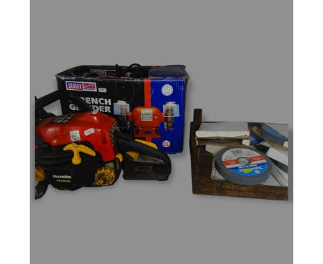 A Homelite chain saw, and a Sealey 6" bench grinder (2) 