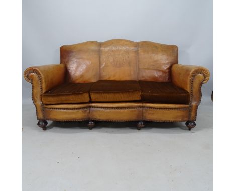 An Art Deco brown leather-upholstered 3-seater Club sofa, 165 x 85 x 80cmRight arm has several puncture marks and 2 tears (la