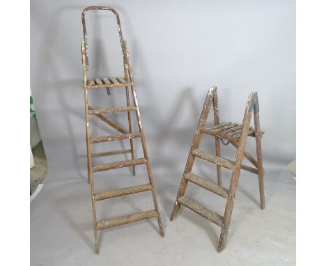 2 Vintage industrial folding wooden step ladders, largest 170cm 