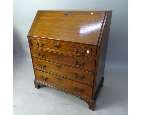 A Georgian cross-banded mahogany bureau, with well fitted interior, 4 long drawers beneath on bracket feet, 78 x 93 x 45cm 