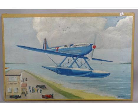 P R J Sullivan, oil on canvas, seaplane over Calshot Airfield, 62cm x 92cm overall, unframed 