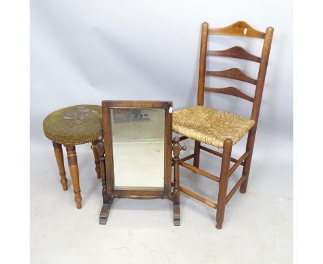 A ladder-back rush-seated dining chair, a needlework upholstered footstool, and a swing toilet mirror (3) 