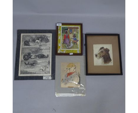 A Louis Wain Victorian monochrome print, 2 other Louis Wain prints, and watercolour, study of a Terrier, monogramed WMA (4) 