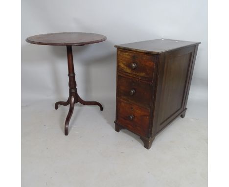 A Victorian mahogany and ebony-strung circular tilt-top lamp table, 58 x 69cm, and an Antique mahogany bedside 3-drawer chest