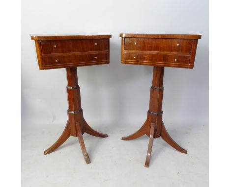 A pair of mahogany and satinwood-strung lamp tables, with 2 frieze drawers, raised on octagonal columns, 46 x 85 x 45cm 