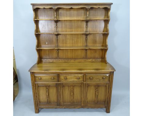 A mid-century Ercol elm 2-section dresser, with 3 fitted drawers and cupboards under, with maker's label, 145cm x 191cm x 53c