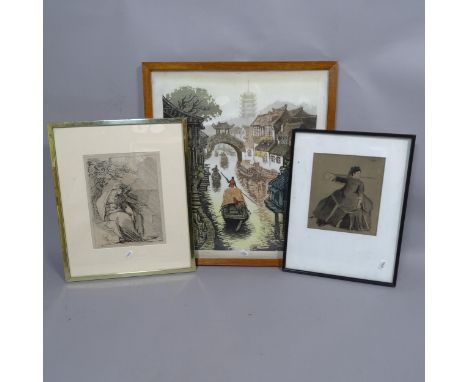 Caodaquing, coloured Oriental print, boats in a canal, and 2 Old Master prints (3) 