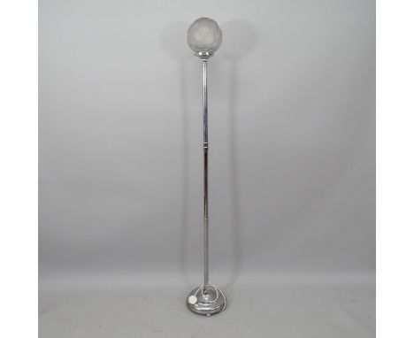 A chrome Art Deco design standard lamp, with moulded glass shade, height overall 180cm 